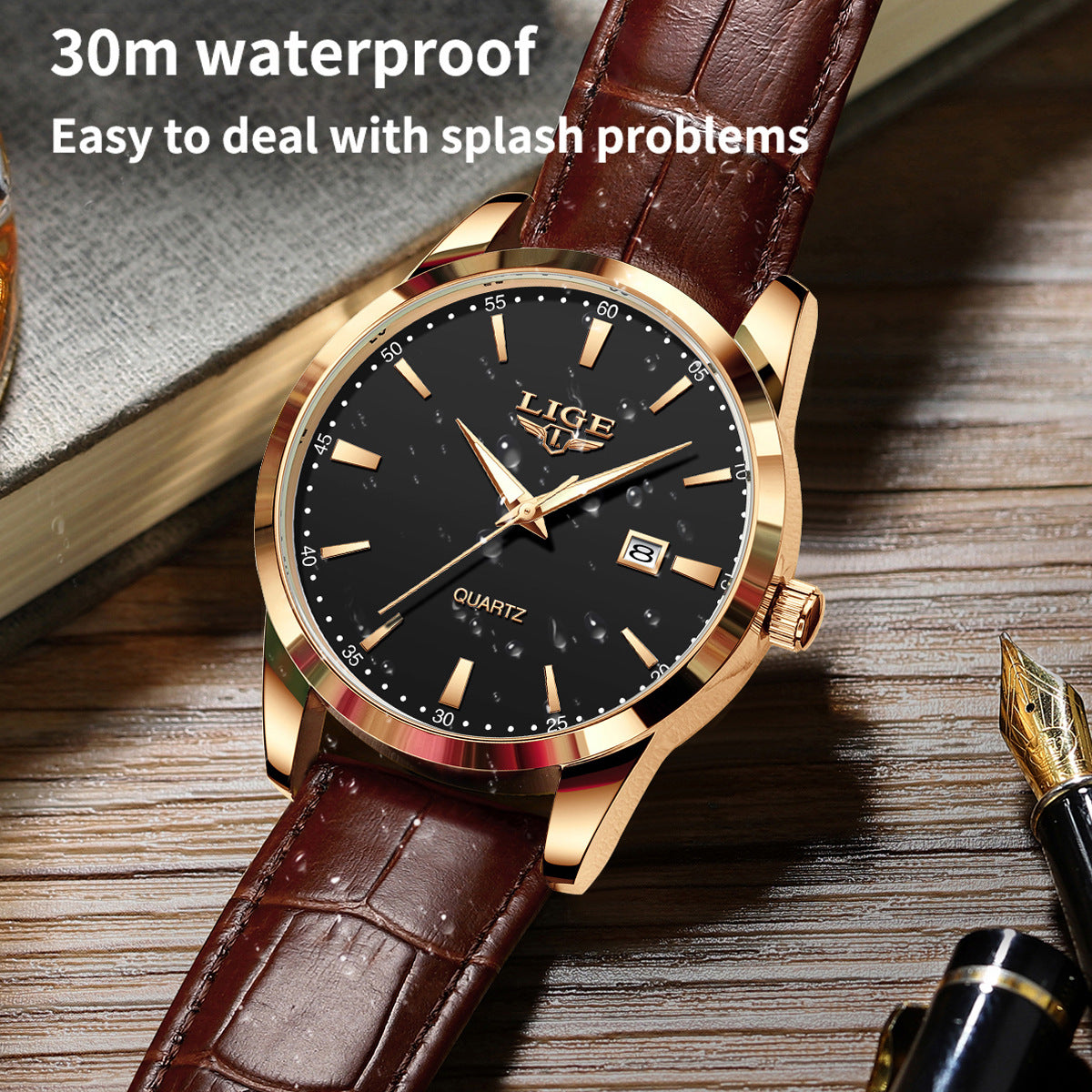 Men’s Leather Quartz Watch — 30M Water Resistance & Luminous Dial