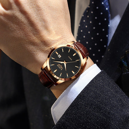 Men’s Leather Quartz Watch — 30M Water Resistance & Luminous Dial