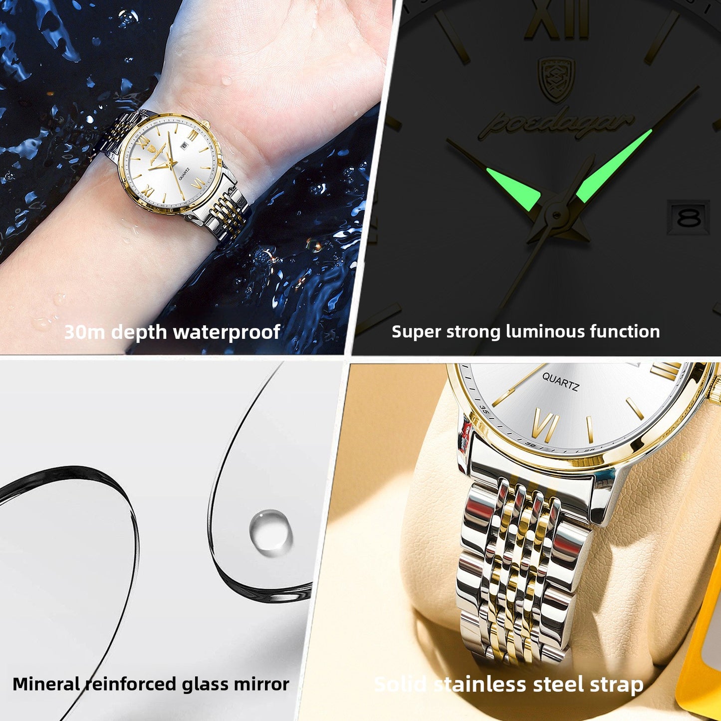 Women's Slim Quartz Dress Watch - 50M Water Resistant, Luminous Dial